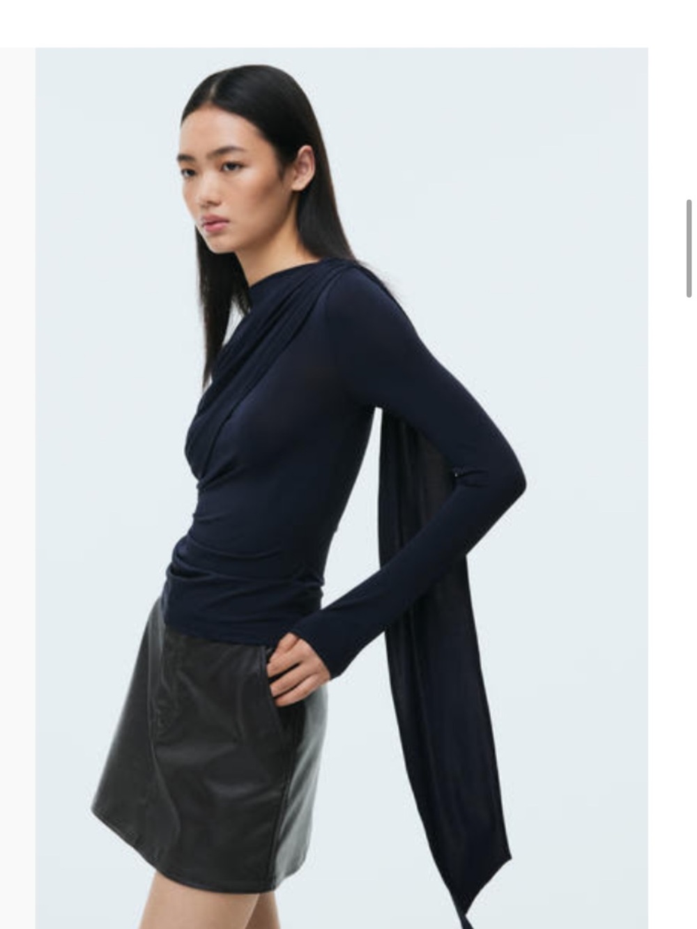 H&M Navy Long-Sleeve Draped Top with Side Scarf